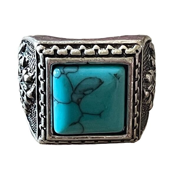 NWOT silver tone turquoise like square stone ring tree of life design size 9.5 - Picture 3 of 8